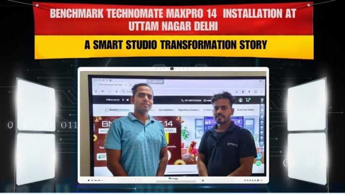 Smart Infovision team installing Benchmark MaxPro Ultra 14 Interactive Flat Panel with Tubelights, Tripod & Blogging Mic at Sanjeev Singh’s studio, Vani Vihar Uttam Nagar Delhi.