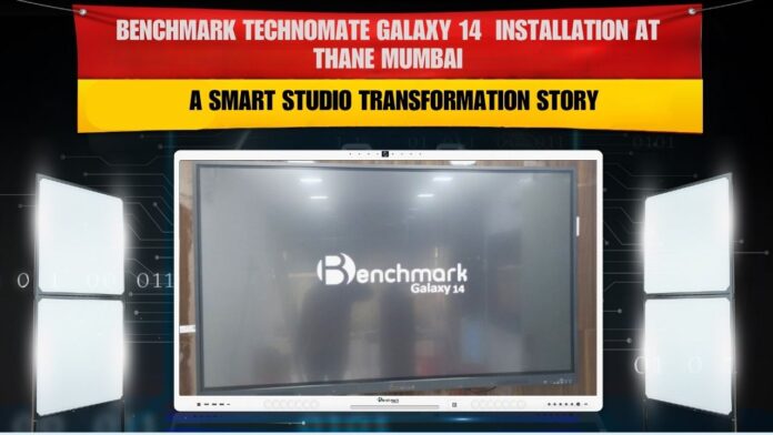 Smart Infovision team installing Benchmark Galaxy 14 Interactive Flat Panel with Evota 4K PTZ Camera, Dual Monitors, and i5 Server setup at Pranav Kalambe’s workspace in Thane, Mumbai.