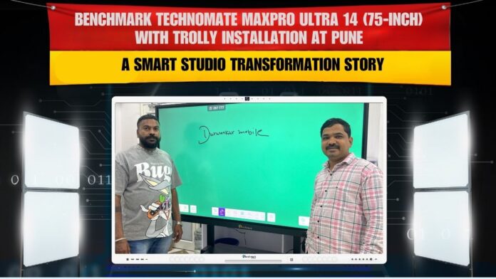 Smart Infovision engineers installing Benchmark MaxPro Ultra 14 (75”) Interactive Flat Panel with Trolley for Santosh Kolpe in Pune, Maharashtra — creating a modern mobile smart classroom.