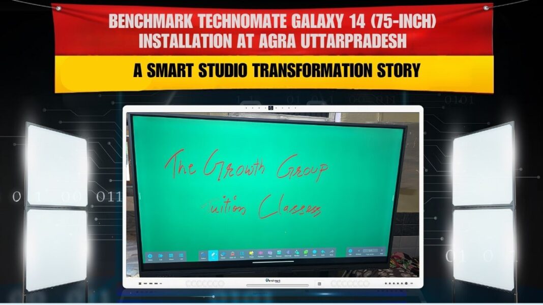Smart Infovision engineers installing Benchmark Classic 14 (75-inch) Interactive Flat Panel in Agra classroom for Mr. Hari Om Saran — transforming traditional teaching into smart digital learning.