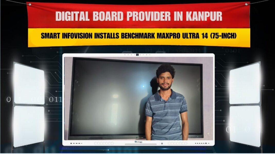Smart Infovision team installing Benchmark MaxPro Ultra 75-inch Interactive Flat Panel at Sandeep Yadav Coaching Center, Kanpur Uttar Pradesh