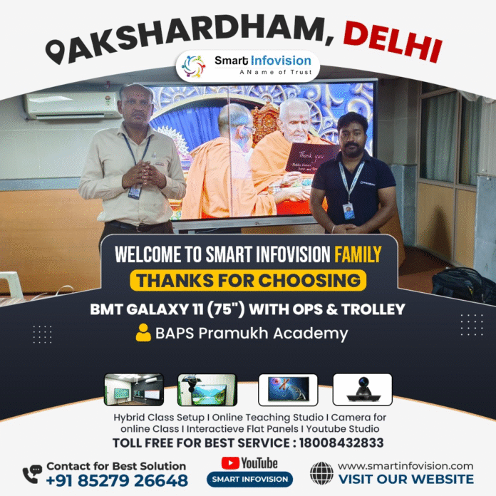 Benchmark Galaxy 11 (75-inch) Interactive Panel with OPS and Trolley installed at BAPS Pramukh Academy, Akshardham, Delhi by Smart Infovision