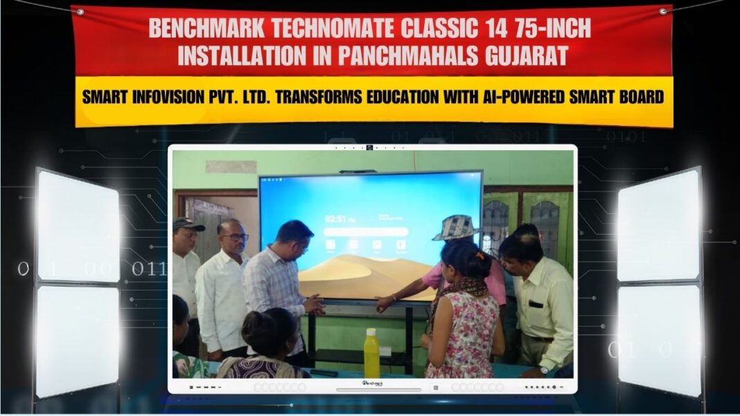 Benchmark Classic 14 75-inch smart board with trolley stand installation for Laxmikant Ji in Panchmahals, Gujarat.