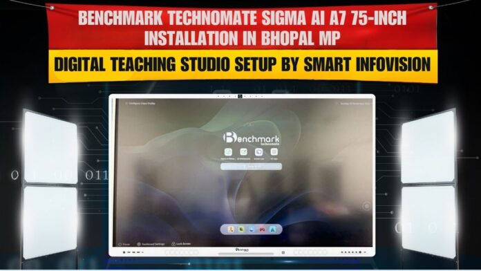 Smart Infovision engineers installing Benchmark Sigma AI A7 75-inch interactive panel with 4K PTZ camera and studio mic setup for Dharmendra Parmar in Bhopal, MP.