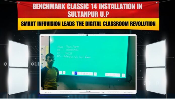 Smart classroom setup in Sultanpur, U.P with Benchmark Classic 14 (75-inch) and wall mount camera installed by Smart Infovision.