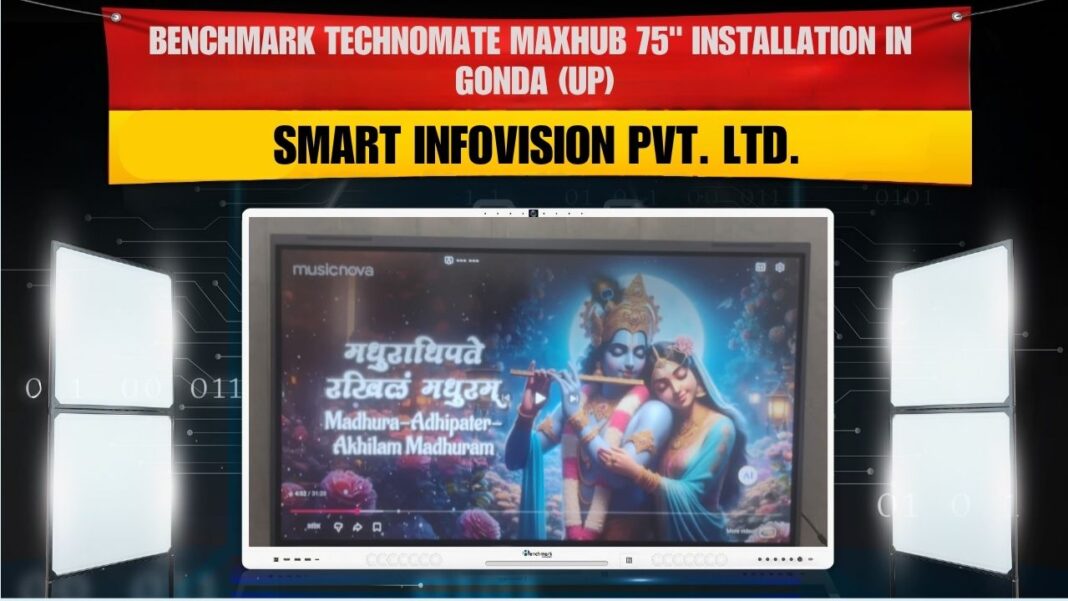 Smart Infovision team installing Maxhup Interactive Panel E7530 (75-inch) with wall mount camera in Gonda classroom.