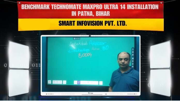 Smart Infovision installing Benchmark MaxPro Ultra 14 (75-inch) interactive flat panel in Patna classroom.