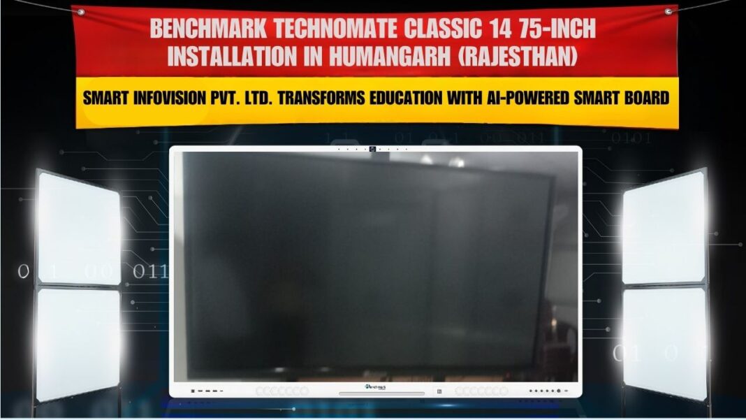 Smart Infovision installing Benchmark Classic 14 (75-inch) Android 14 panel with trolley in Humangarh, Rajasthan.