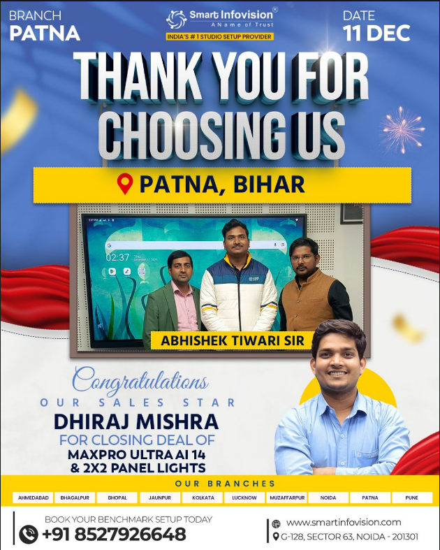 MaxPro Ultra AI 14 (75-inch) interactive panel installation with 2×2 studio lights at Patna, Bihar by Smart Infovision.