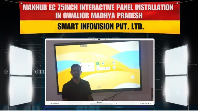 Maxhub EC 75-inch interactive panel with Benchmark 4K PTZ camera and Sennheiser mic installed by Smart Infovision in Gwalior, Madhya Pradesh
