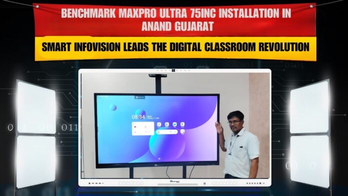Benchmark Maxpro Ultra 14 75 inch digital board installed in Anand Gujarat at Chachas Products smart classroom setup