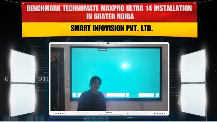 Greater Noida me Shruti Chandel ji ke classroom me Benchmark Maxpro Ultra 75” digital board installation – Smart teaching setup by Smart Infovision Benchmark Maxpro Ultra 75 inch digital board installation for Shruti Chandel in Greater Noida smart classroom setup
