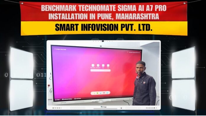 “Benchmark Sigma AI A7 Pro 75 inch digital board with 4K PTZ camera and Sennheiser microphone installed at Aruna Balasaheb Desai classroom in Pune Maharashtra”