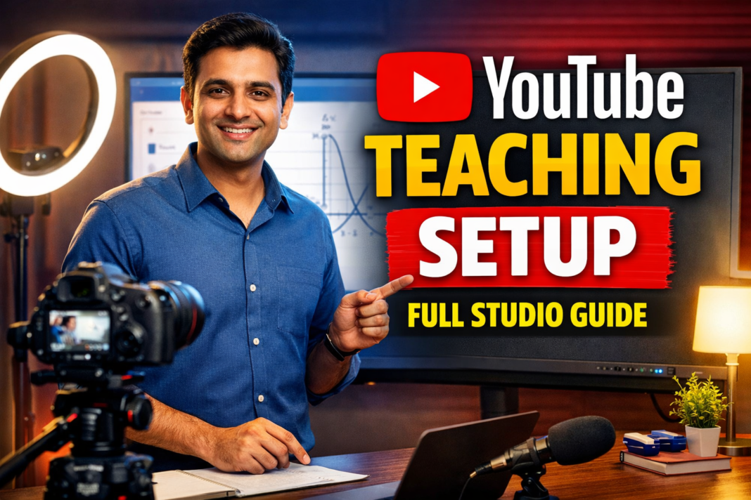 youtube teaching studio setup with camera mic lighting and digital teaching tools