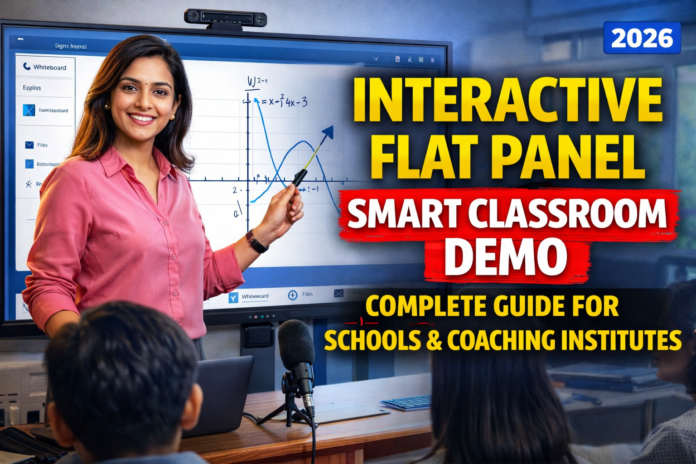 Interactive flat panel smart classroom demo jahan female teacher digital board ke saath modern teaching setup me students ko interactive tarike se padha rahi hai interactive flat panel smart classroom demo with digital board teaching setup for schools and coaching institutes