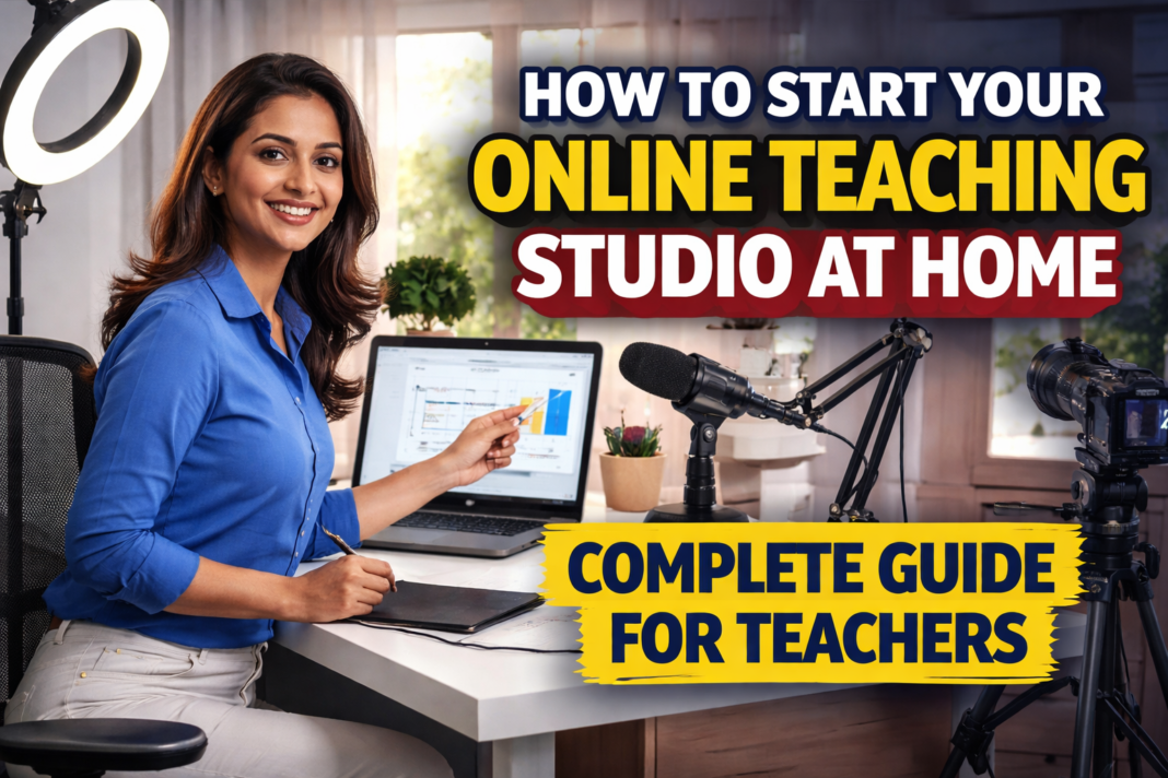 home online teaching studio setup with camera mic lighting and digital board