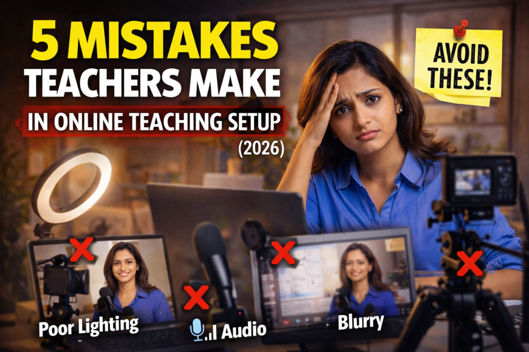 teacher making mistakes in online teaching setup with poor lighting audio and camera quality