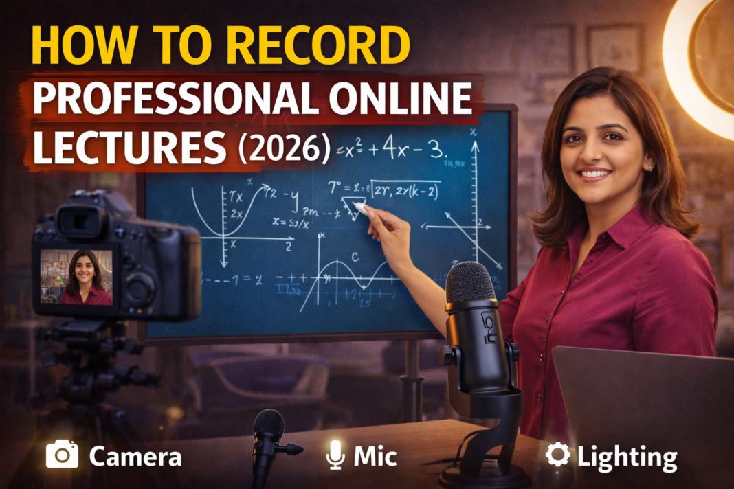 teacher recording professional online lecture with camera microphone lighting and digital board setup