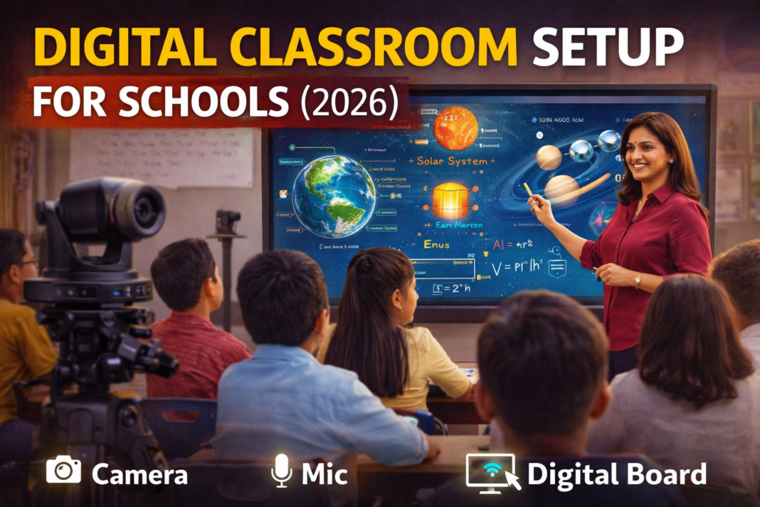 digital classroom setup in school with interactive flat panel camera microphone and smart teaching environment
