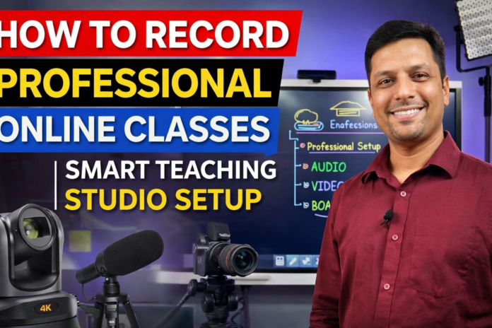 Professional online teaching studio setup with digital board, 4K camera, mic and lighting showing how to record high quality online classes Professional online teaching studio setup with digital board, 4K camera, mic and lighting showing how to record high quality online classes