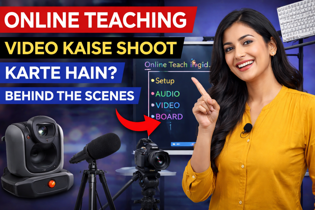 Online teaching video recording setup with digital board camera mic and lighting behind the scenes classroom studio