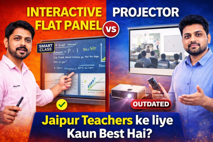 Jaipur me Interactive Flat Panel vs Projector ka complete comparison. Teachers ke liye best option, price, features aur Smart Infovision ke solutions ke saath guide.