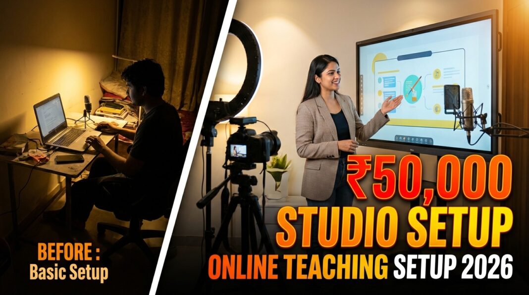 teacher studio setup under 50000 with mic lighting tripod and online teaching equipment