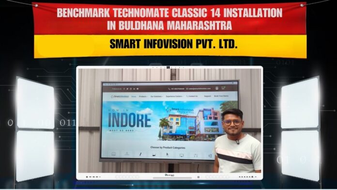 Ganesh Murlidhar Mehkar Buldhana Maharashtra smart classroom setup with Benchmark Classic 14 75 inch digital board 4K PTZ camera lighting and vlogging mic Ganesh Murlidhar Mehkar Buldhana Maharashtra smart classroom setup with Benchmark Classic 14 75 inch digital board 4K PTZ camera lighting and vlogging mic