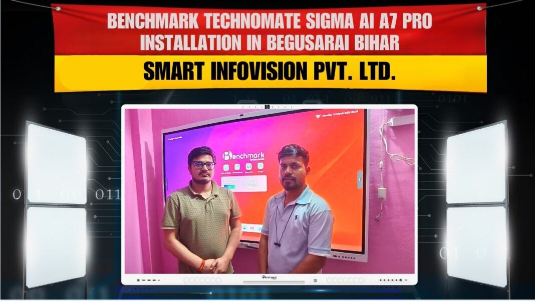 Bhawani Enterprises Begusarai Bihar smart classroom installation with Benchmark Sigma AI-7 Pro 75 inch digital board lighting button mic and tripod