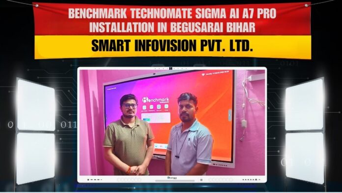 Bhawani Enterprises Begusarai Bihar smart classroom installation with Benchmark Sigma AI-7 Pro 75 inch digital board lighting button mic and tripod