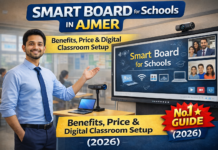 Sabse Best Digital Board for Schools in Ajmer (2026) | Smart Classroom Setup & Price Guide Smart board installed in a school classroom in Ajmer showing interactive digital teaching with students learning through a modern 4K touchscreen display, representing a smart classroom setup for 2026.