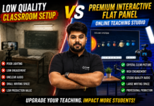 Complete Studio Setup for Online Classes with Interactive Flat Panel A side-by-side comparison infographic showing a low-quality traditional classroom setup on the left versus a premium SMART Infovision interactive flat panel online teaching studio on the right, featuring a professional educator in the center.