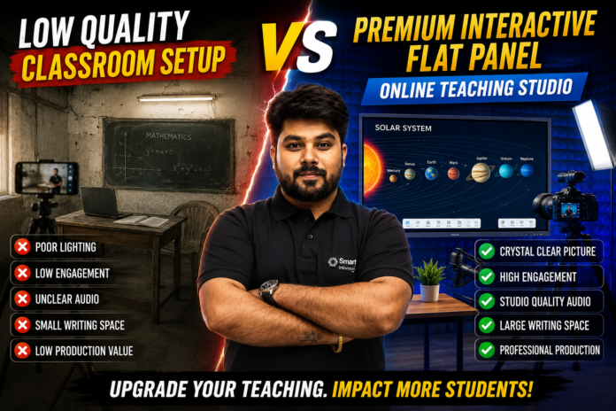 Low Quality Classroom Setup vs Premium Interactive Flat Panel Online Teaching Studio A side-by-side comparison infographic showing a low-quality traditional classroom setup on the left versus a premium SMART Infovision interactive flat panel online teaching studio on the right, featuring a professional educator in the center.