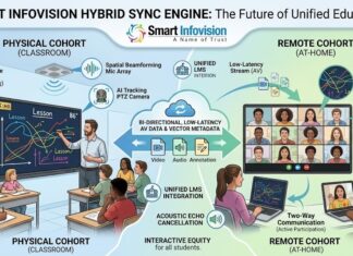 What is Hybrid Mode in Education? Complete Guide by SMART Infovision Infographic diagram showcasing a SMART Infovision Hybrid Sync Engine ecosystem, connecting a physical classroom with an interactive flat panel and AI camera to remote students via low-latency data flow.