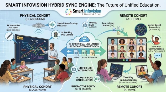 SMART Infovision Hybrid Sync Engine Ecosystem Infographic diagram showcasing a SMART Infovision Hybrid Sync Engine ecosystem, connecting a physical classroom with an interactive flat panel and AI camera to remote students via low-latency data flow.