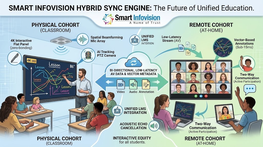 Infographic diagram showcasing a SMART Infovision Hybrid Sync Engine ecosystem, connecting a physical classroom with an interactive flat panel and AI camera to remote students via low-latency data flow.