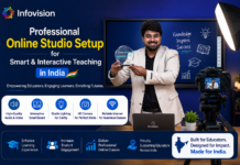 Professional Online Studio Setup for Smart & Interactive Teaching in India Professional online studio setup with smart interactive teaching board, camera, lighting, and educator by Infovision India