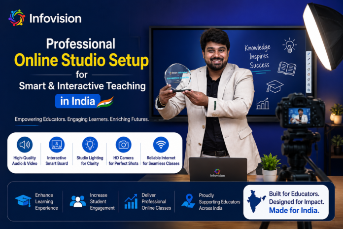 Professional Online Studio Setup for Smart & Interactive Teaching in India | Infovision Professional online studio setup with smart interactive teaching board, camera, lighting, and educator by Infovision India