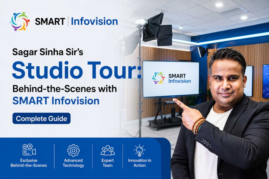 Explore Sagar Sinha Sir's professional studio setup with SMART Infovision. Discover the workspace behind quality educational content creation. Watch the exclusive studio tour video.