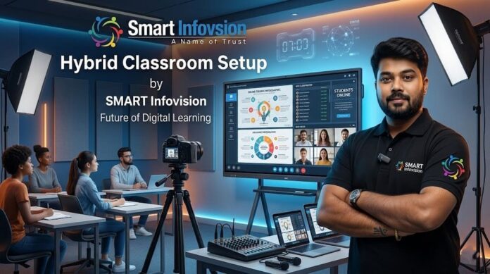 Hybrid Classroom Setup and Digital Studio by SMART Infovision A premium modern hybrid classroom studio setup by SMART Infovision featuring a large interactive flat panel display, professional educator, DSLR camera on a tripod, studio lighting, and offline students.