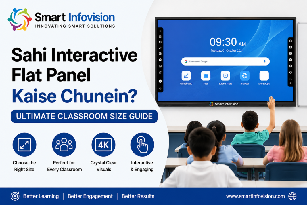 Smart Infovision interactive flat panel classroom size guide with students learning on a 4K digital teaching display