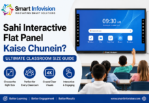Sahi Interactive Flat Panel Kaise Chunein? | Ultimate Classroom Size Guide Smart Infovision interactive flat panel classroom size guide with students learning on a 4K digital teaching display