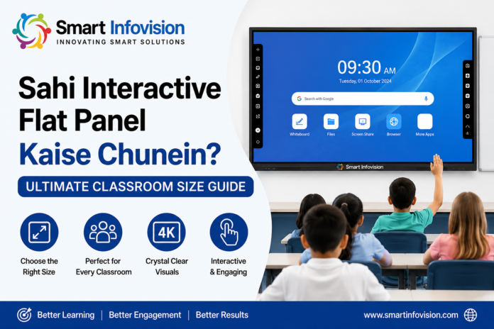 Smart Infovision interactive flat panel classroom size guide with students learning on a 4K digital teaching display