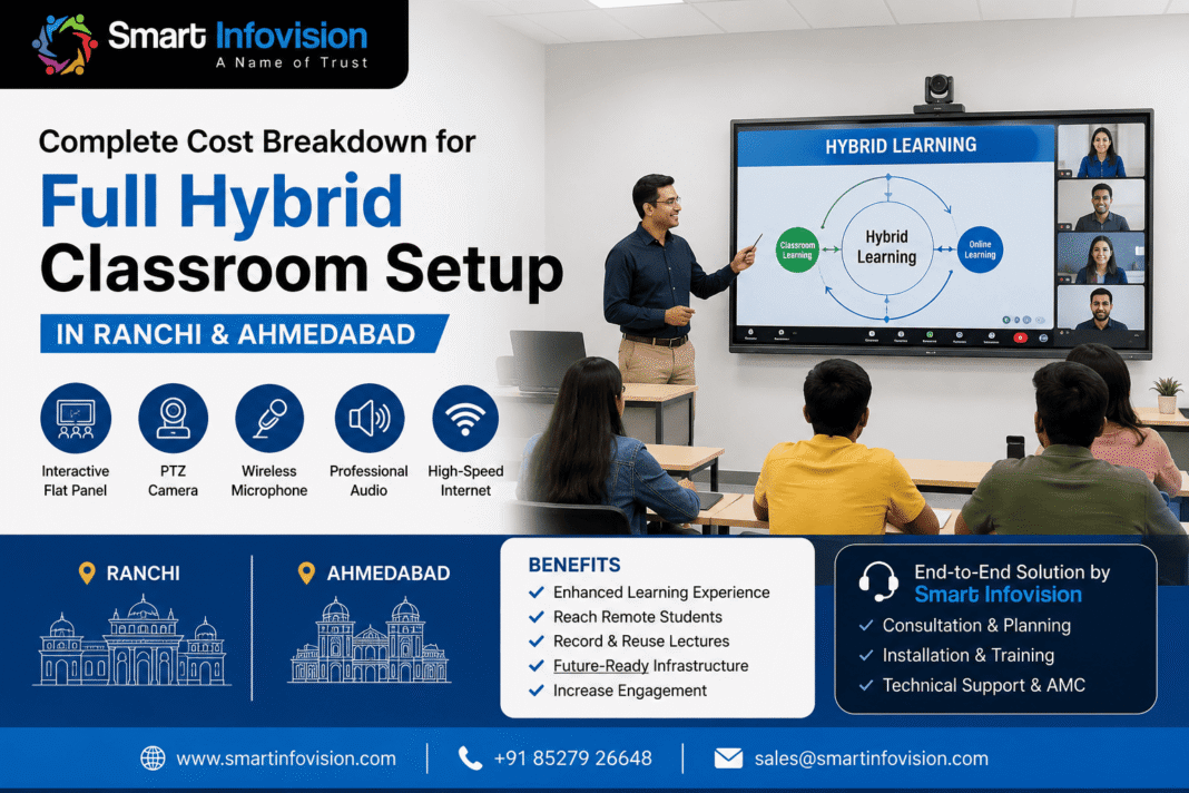 Smart Infovision Hybrid Classroom Setup with Interactive Flat Panel and PTZ Camera in School Classroom