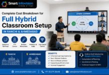 Complete Cost Breakdown for Full Hybrid Classroom Setup in Ranchi and Ahmedabad Locations Smart Infovision Hybrid Classroom Setup with Interactive Flat Panel and PTZ Camera in School Classroom