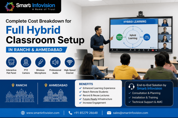 Smart Infovision Hybrid Classroom Setup with Interactive Flat Panel and PTZ Camera in School Classroom