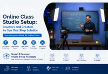 Online Class Studio Setup: Teachers और Creators के लिए One Stop Solution – Smart Infovision Studio Setup Packages Online Class Studio Setup by Smart Infovision for Teachers and Creators with Professional Camera, Lighting, Smart Board, and Recording Studio Equipment