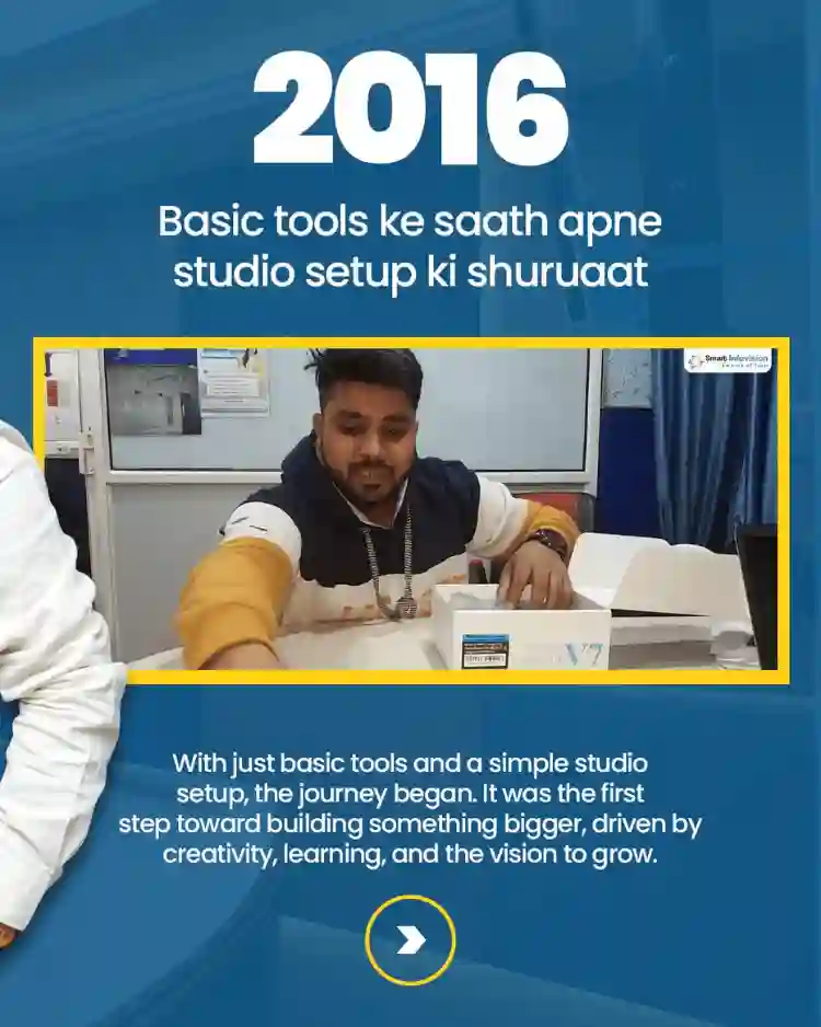 Smart Infovision founder unboxing audio equipment during the early studio setup beginning in 2016 — Placement: Right after the paragraph describing the first hands-on setups in 2016.