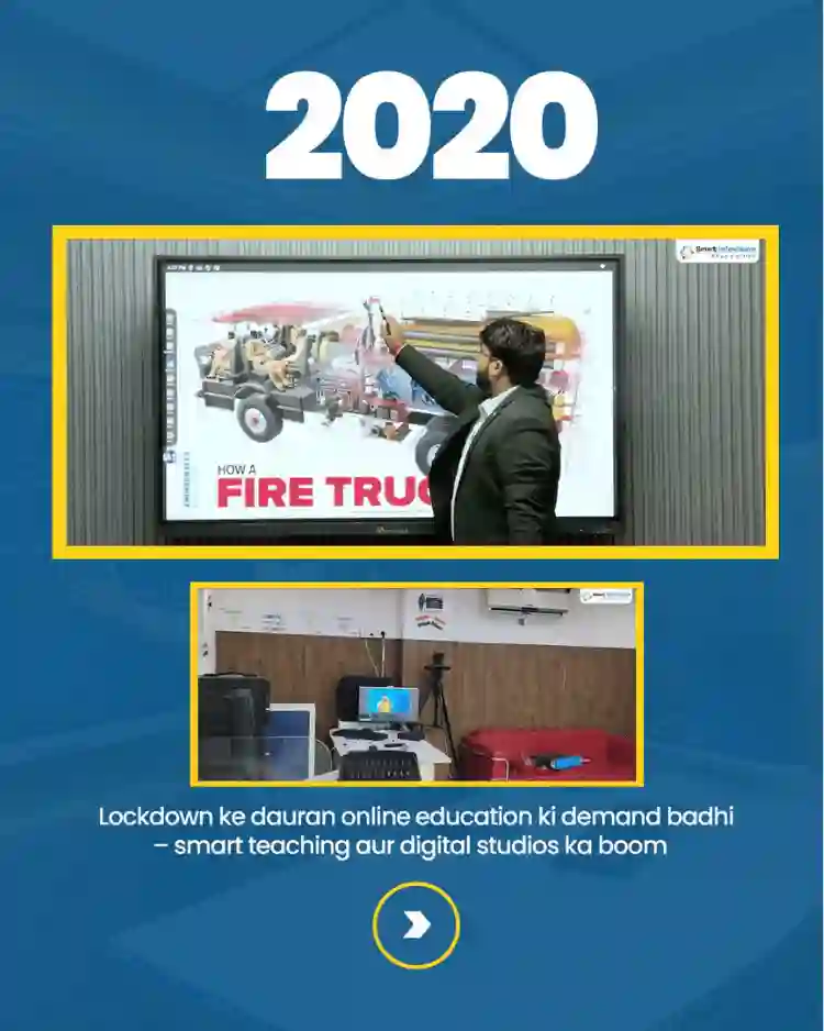 Smart Infovision digital board demonstration and compact online teaching studio setup during the 2020 lockdown period.