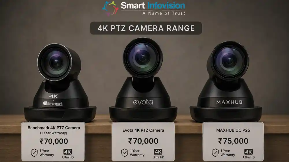 Smart Infovision 4K PTZ camera range featuring Benchmark, Evota and MAXHUB cameras with prices.
